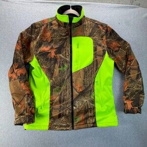 Trail Crest Mens Large Camo Neon Green Softshell Fleece Hunting Jacket Full Zip